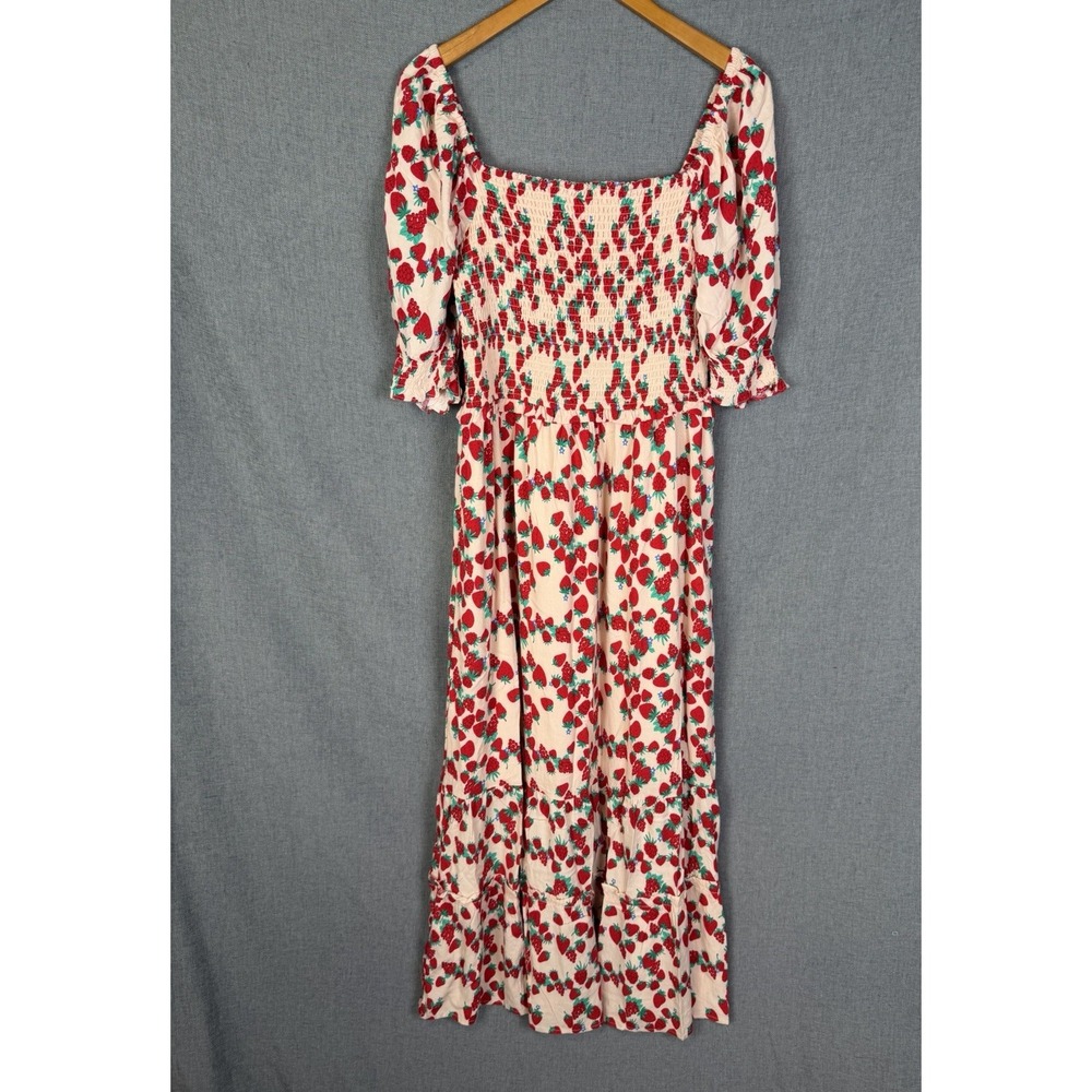 Betsey Johnson Milkmaid Peasant Maxi Dress Strawberry Fields Puff Sleeve Smock L